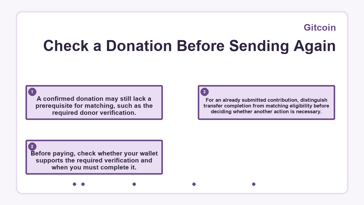 Check a Donation Before Sending Again: A confirmed donation may still lack a prerequisite for matching, such as the required donor verification.; Before paying, check whether your wallet supports the required verification and when you must complete it.; For an already submitted contribution, distinguish transfer completion from matching eligibility before deciding whether another action is necessary.